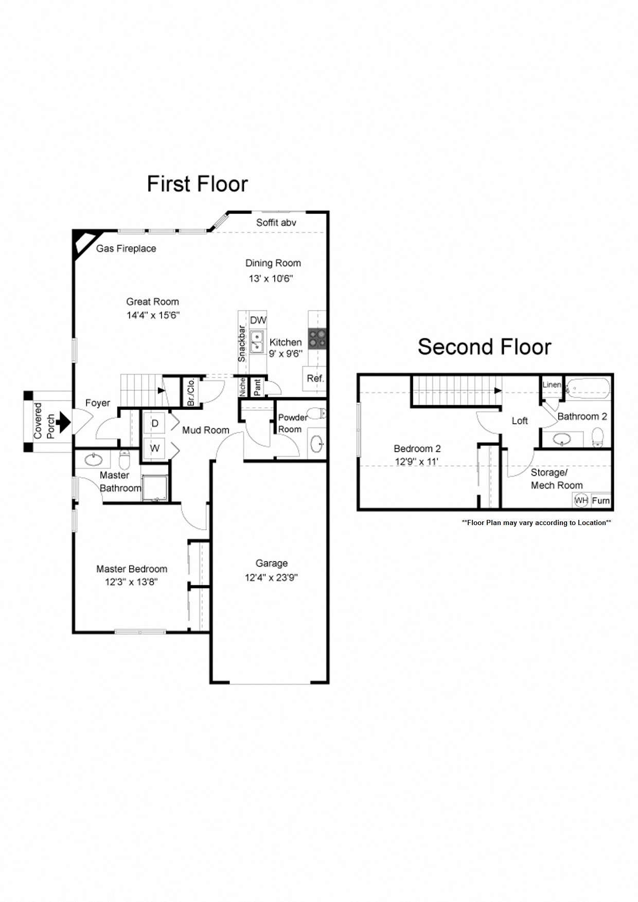 Floor plan for 2 beds, 2.5 baths, 1356 sqft